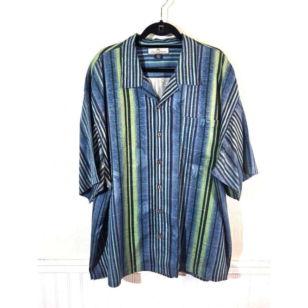 Vintage Tommy Bahama 100% Silk Camp Shirt Mens 2x Blue Green Crab Hawaiian Aloha